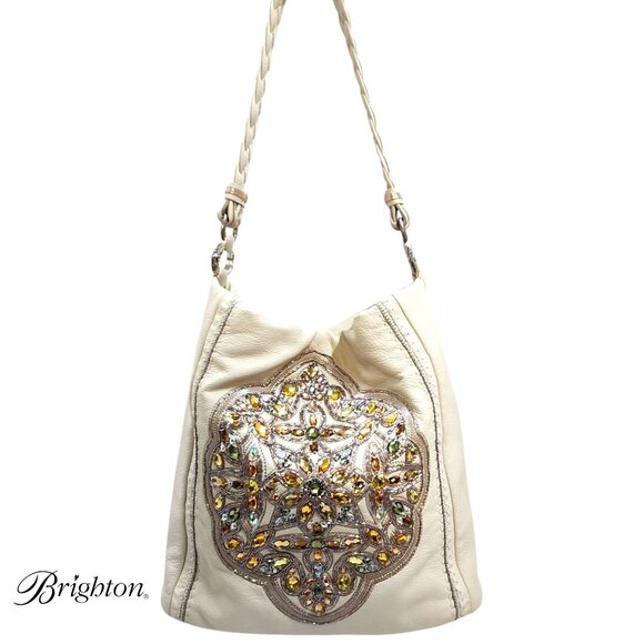 Brighton Anju Masterpiece Cream Sequin Beads Soft Leather Bucket Bag MSRP $495